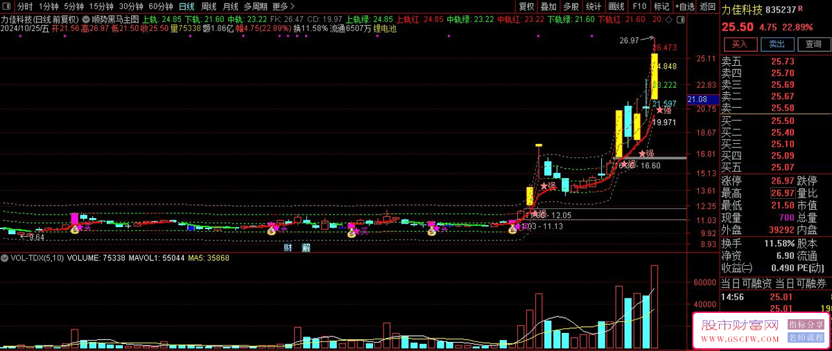 通达信顺势黑马趋势分析指标-,上轨下轨支撑压力追踪_展示图_02