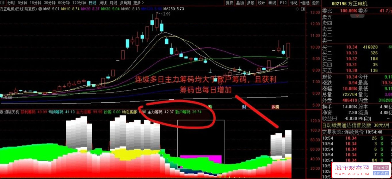 通达信【道破天机筹码】精准抓涨停,筹码比例好用,清晰明了,方正电机实战截图_展示图_03