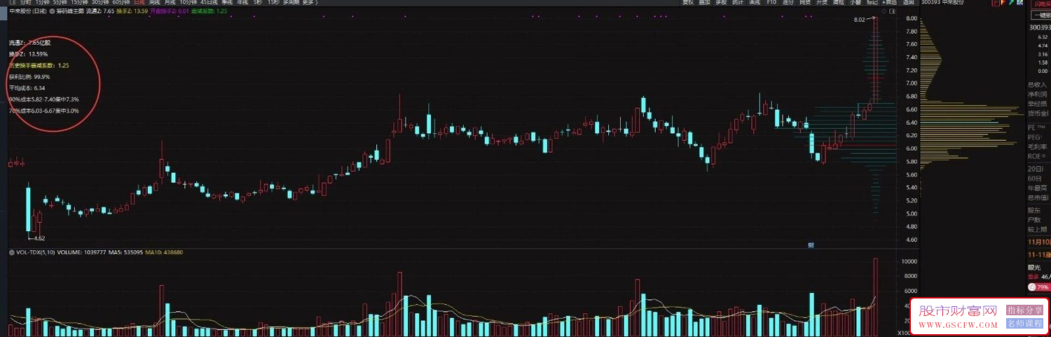 通达信【筹码峰】主图指标,细致显示,覆盖了流通股、换手率、成本分布核心数据_展示图_01