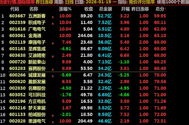 通达信〖竞价评分排序〗评估股票在开盘阶段的交易安全性和潜在活跃度_展示图_01