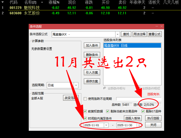 通达信【尾盘蛰伏】主副图选股_展示图_05